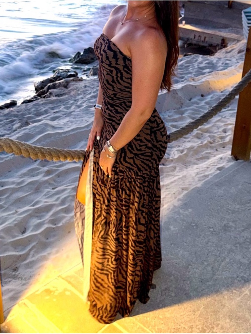 Olive Tiger-Print Sheer Maxi Dress with Thigh Slit